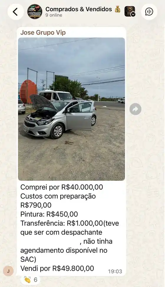 Print do grupo: Onix comprado por R$ 40.000 e vendido por R$ 49.800