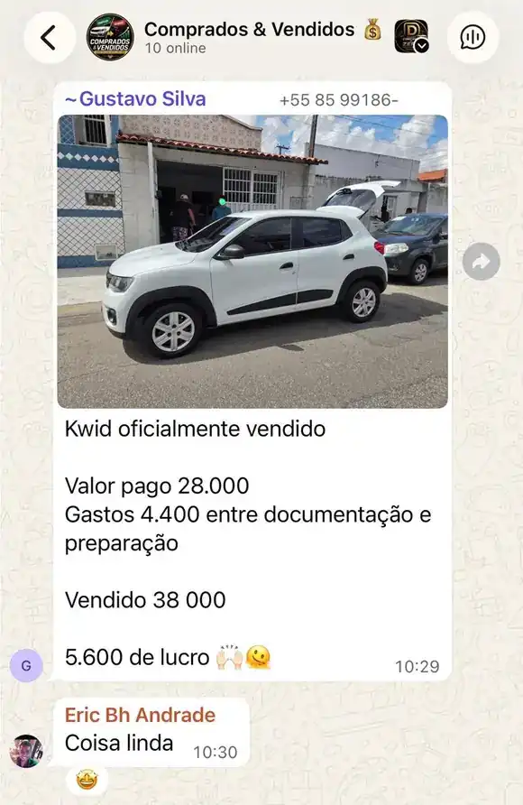 Print do grupo: Kwid com R$ 5.600 de lucro