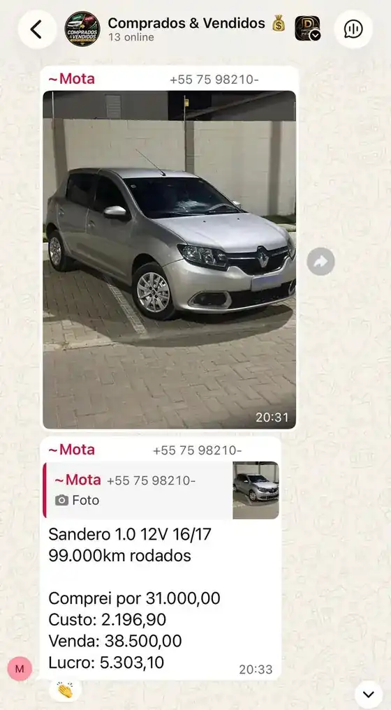 Print do grupo: Sandero com R$ 5.303,10 de lucro