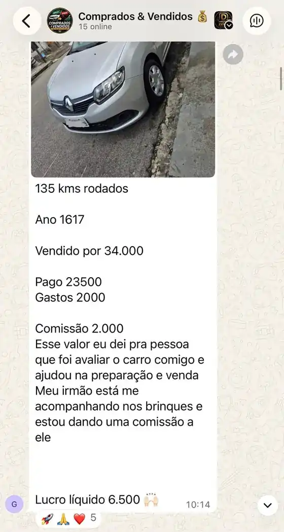 Print do grupo: Sandero vendido por R$ 34.000 com lucro líquido de R$ 6.500