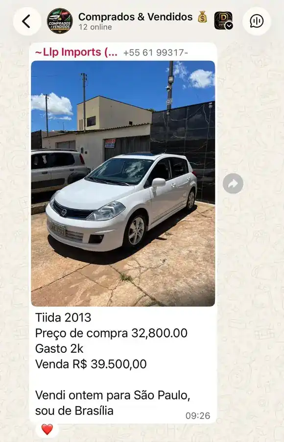 Print do grupo: Tiida 2013 comprada por R$ 32.800 e vendida por R$ 39.500