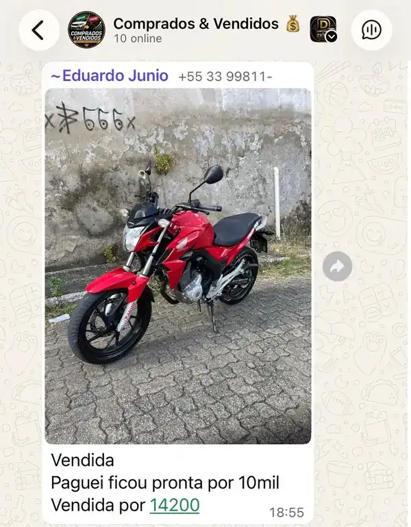 Print do grupo: moto Honda paga por R$ 10 mil e vendida por R$ 14.200